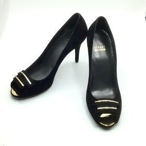 Stuart Weitzman black suede gold bar peep toe 8.5